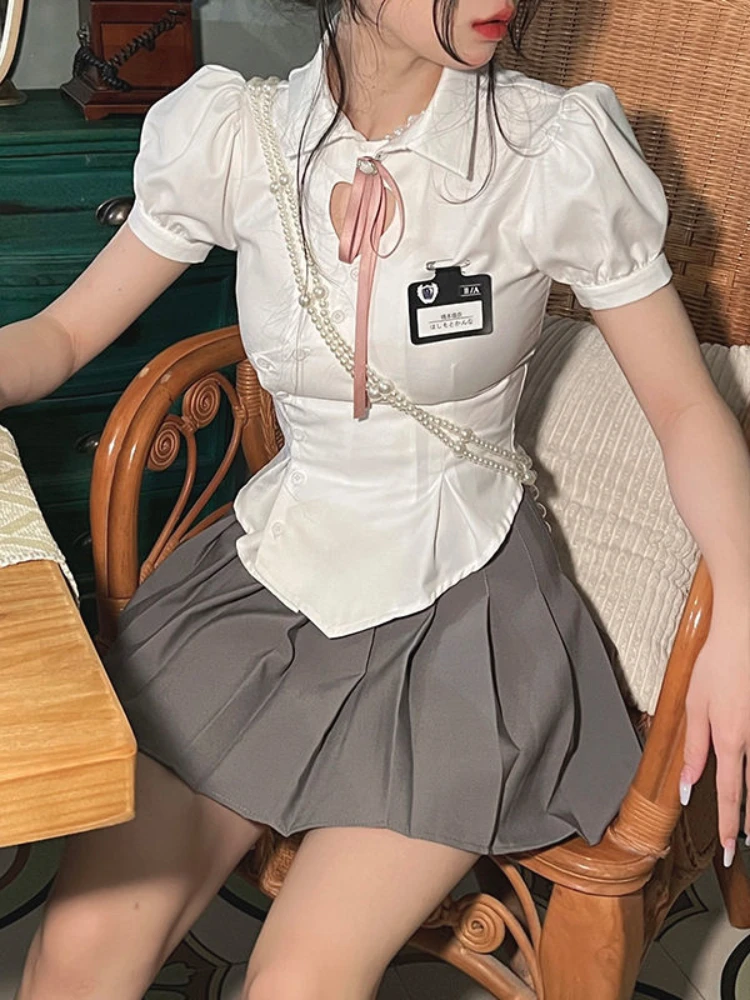 HOUZHOU Korean Slim White Shirt Tunics Woman Sexy Heart Hollow Out Cute Puff Sleeve School Shirt Preppy Style Tops Jk Uniform