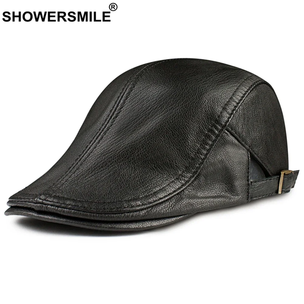 SHOWERSMILE Winter Hats for Men Flat Cap Genuine Leather Newsboy Cap British Style Cowskin Adjustable Brown Black Mens Beret