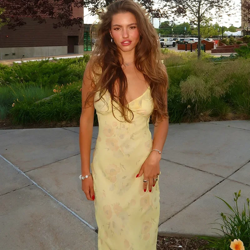 Abito da donna floreale con cravatta sottile e fiocco con scollo a V profondo, volant senza schienale, cinturino per spaghetti, abito lungo aderente per party club