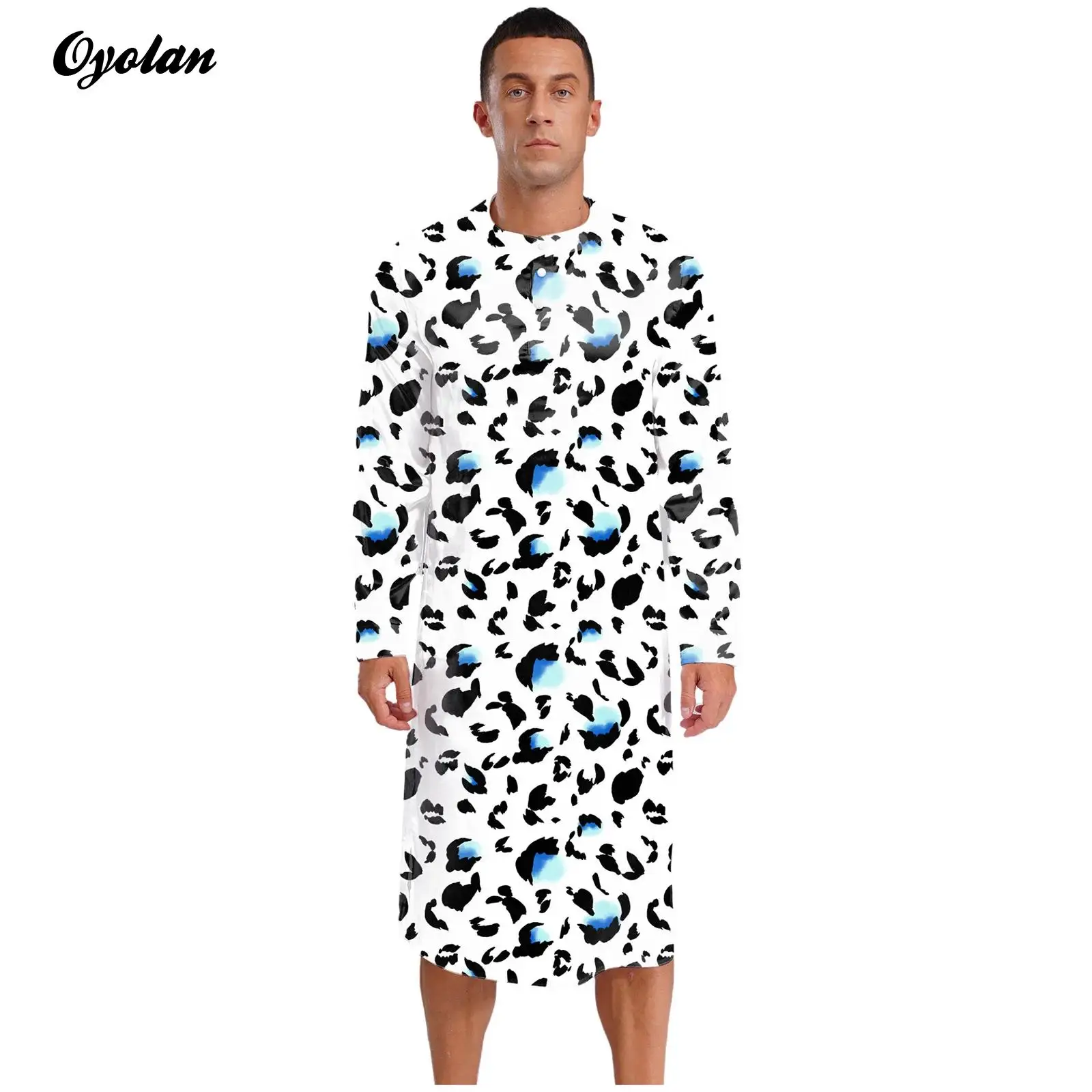 

Mens Print Satin Sleep Dress Pajamas Nightdress Buttons Round Neck Long Sleeve Pullover Sleep Robe Loungewear Sissy Nightwear
