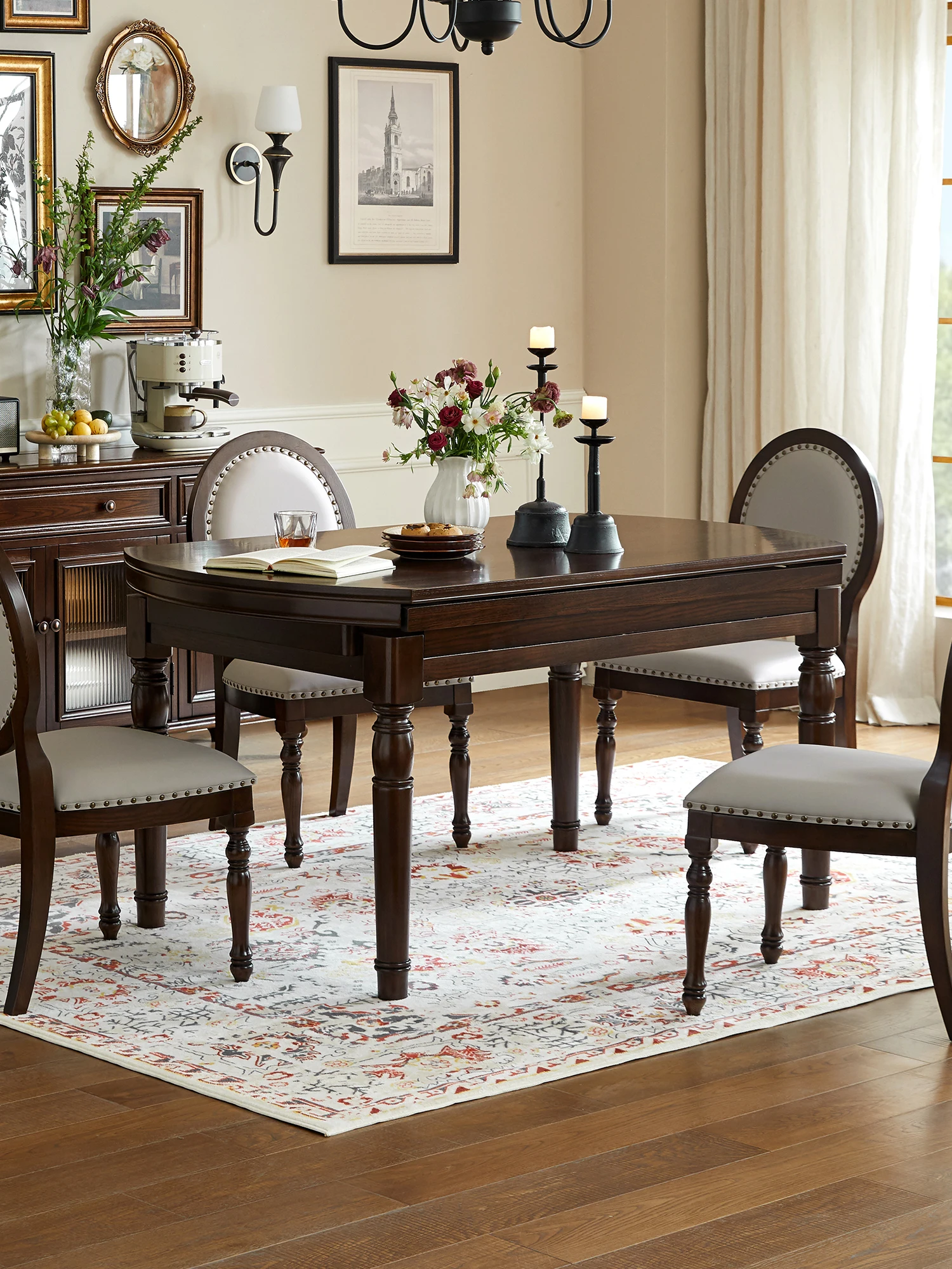 

LTT American all-solid wood dining table French light luxury home restaurant long round table and chair combination