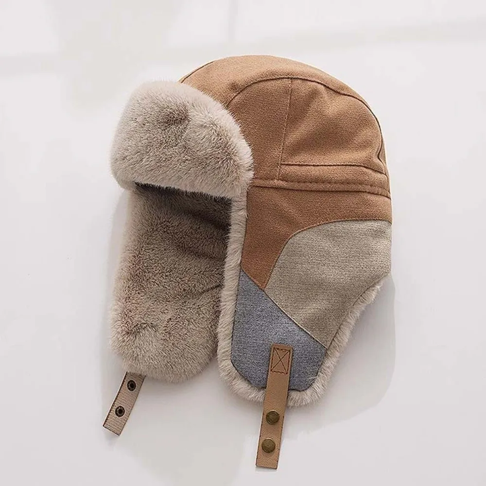 Farbblock-Wintermütze mit Fleece-Futter, Ohrenklappen, winddicht, windresistent, dicke, thermische Patchwork-Skimütze – Detail 16