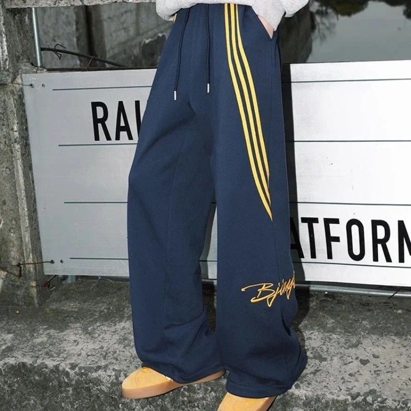 American Retro Pants Men Women Striped Letter Embroidery Solid Color Casual Pants Summer New Straight Loose Hundred Sports Pants
