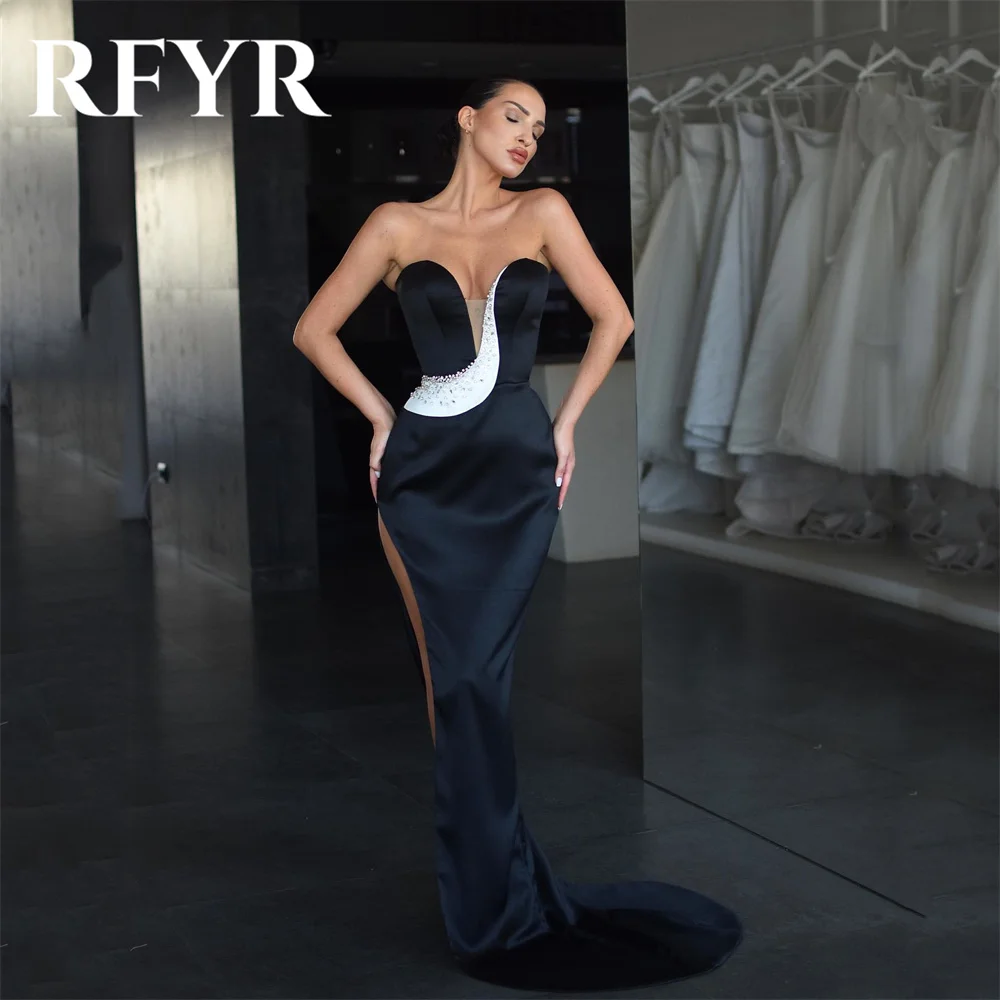 

RFYR Black Satin 2024فساتين السهرة Mermaid Evening Dress Sweetheart Trumpet Robe De Soirée Sexy Side High Split Prom Dress