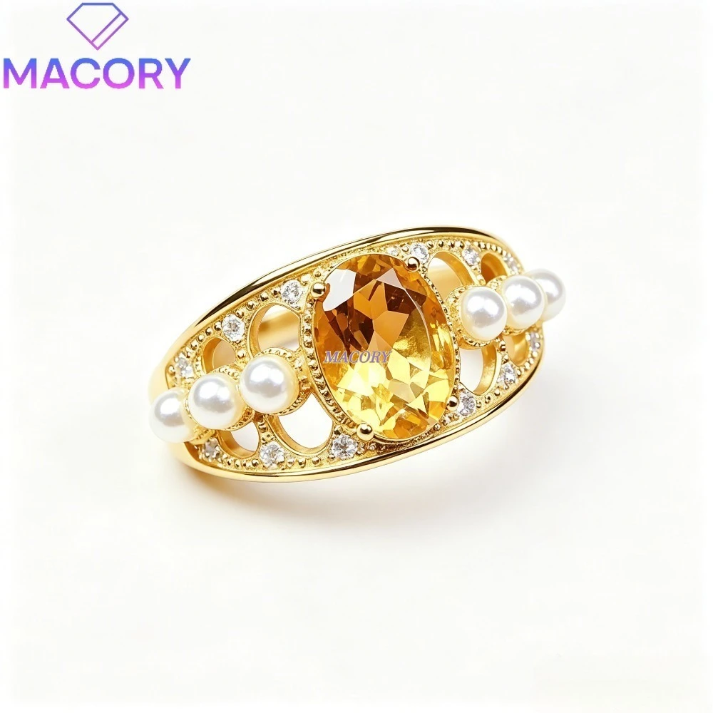 Fashionable Yellow Crystal Ring S925 Sterling Silver Vintage Hollow Out Charming Women's Delicate Jewelry Gift