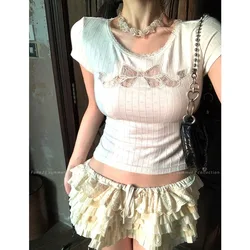 Deeptown Coquette Lace Crop T Shirts Women Sweet Girl White Bow Hollow Tees Aesthetic Korean Fashion Short Sleeve Tops Summer