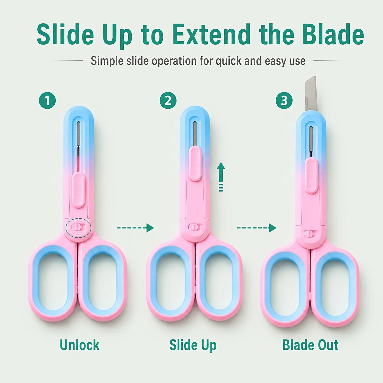 Gradient Color Two-in-One Multi-Function Scissors Utility Knife,Portable Retractable Blade Cutter, Envelope Opener,Utility Knife