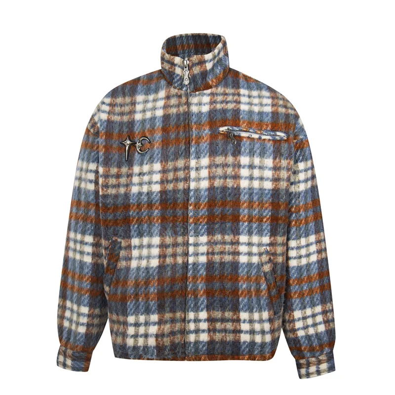 

Thug Club 2026 New American Retro Style Oversized Unisex Stand Collar Jacket Long Sleeve Plaid Shirt