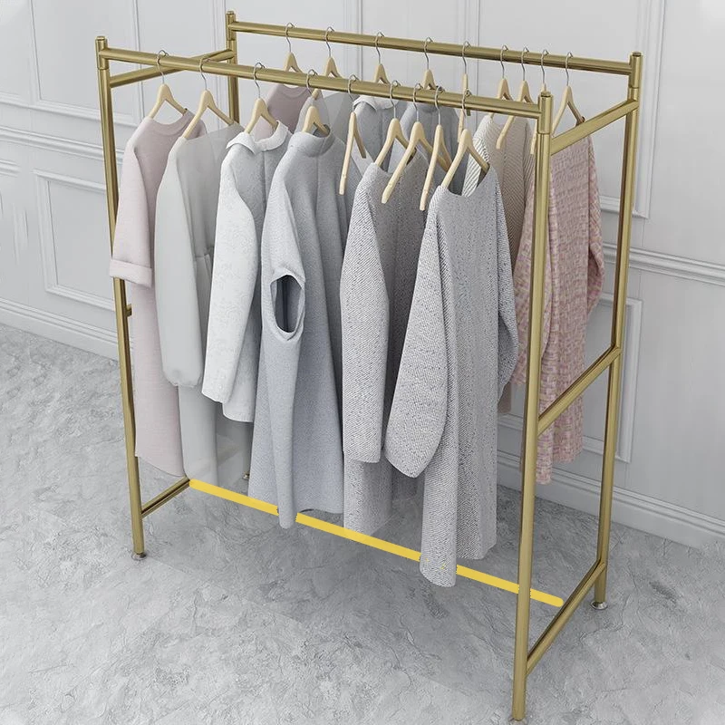 Custom, light luxury gold retail display clothing racks shelf double rod drying rack for clothing shop