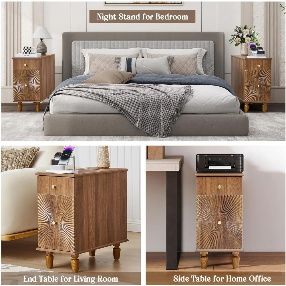 Slim Wooden Bedside Table with Charging Station and Drawer