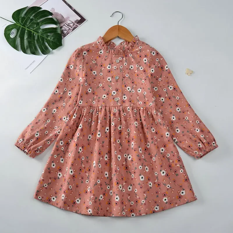 Vestido de princesa para niñas, primavera y otoño, novedad de 2024, ropa de manga larga de algodón con flores para niños, vestido de fiesta, disfraz