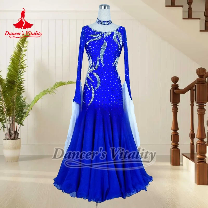 Adult Blue Waltz AB Stones Contest Clothe Custom Women Social Dance Yellow Wrapped Hips Dresses with Necklace Dancer's Vitality