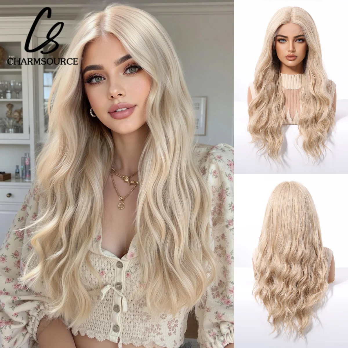 

CharmSource Platinum Blonde Long Wavy Synthetic Lace Front Wig 13x5x1 T-Part Middle Part Heat Resistant Synthetic Hair Daily Wig
