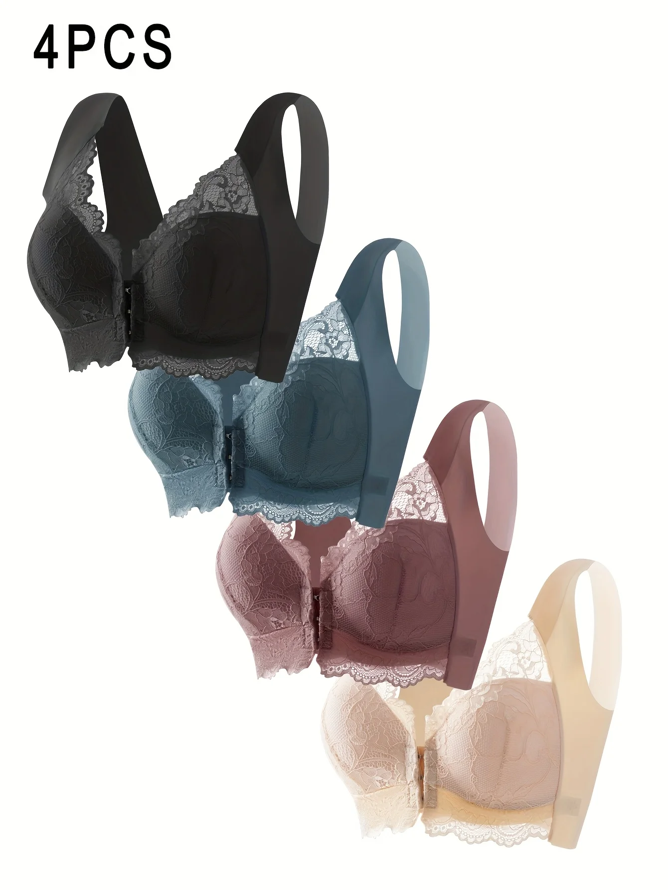 (مجموعة ألوان مختلطة مكونة من 4 قطع) حمالة صدر ناعمة ومريحة بزر أمامي مع دانتيل أنيق ولا حمالة صدر بدون أسلاك فولاذية