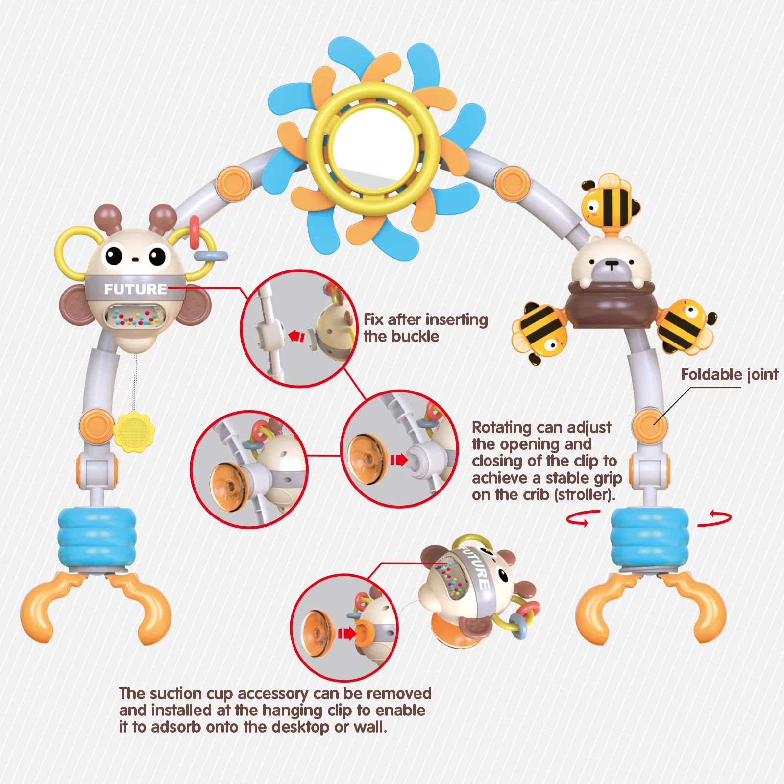 Baby Bee Bed Bell Crib Hanging Rattle Built-in Bell Gentle Shake for Stroller Car Seat Crib 0+ Months Baby Birthday Gifts