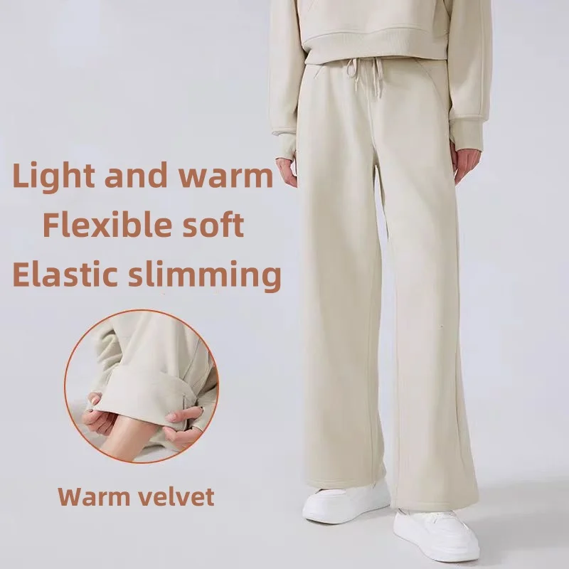 

Yoga wide leg pants with brand logo women winter fleece straight pants loose drawstring high waist pants pockets sweatpants