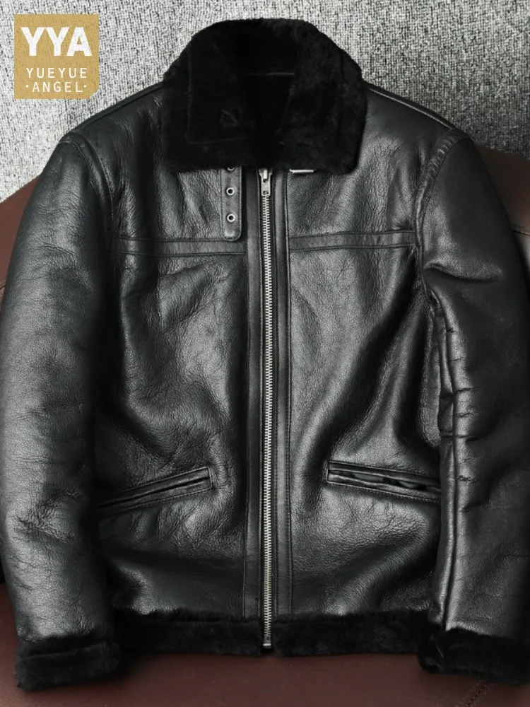 Mens Moto Biker Coats Winter Sheepskin Overcoat Thick Warm Real Fur Lining Jacket Men Pilot Genuine Leather Jacket Plus Size 5XL