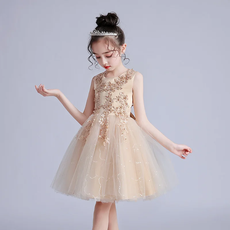 Girls' Short Summer Wedding Dress Fluffy Mesh Princess Medium Size Children's Clothing June 1st  Performance for 3-12 years old