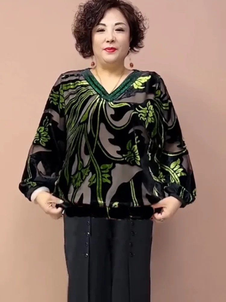 تي شيرت Ele Velvet مطرز بالزهور للنساء في منتصف العمر لخريف جديد مقاس كبير تي شيرت عرقي طويل Sve مستدير...