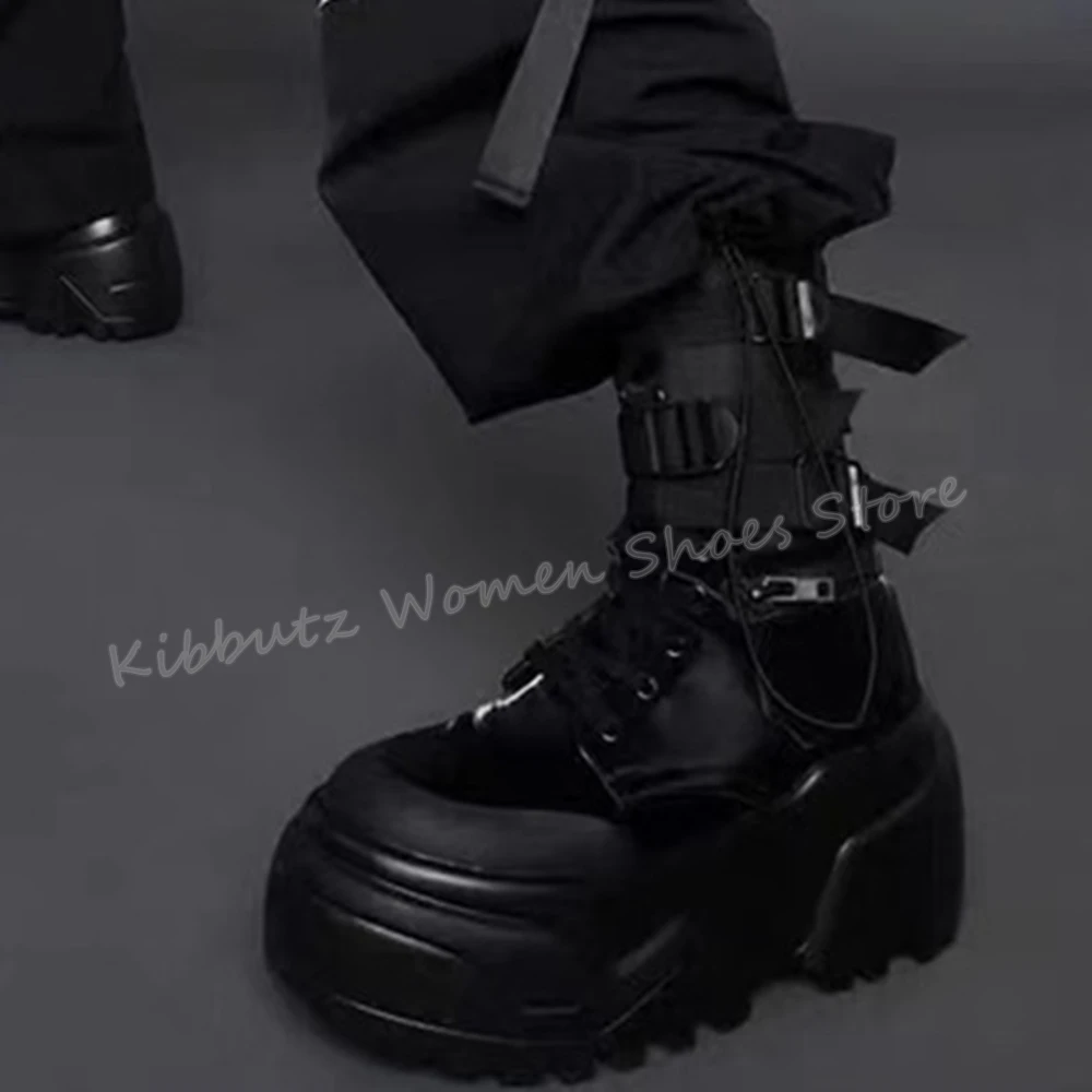 

Belt Buckle Ankle Motorcycle Boots Platform Round Toe Height Increasing Solid Color Lace-Up Fashion Concise Sexy Women Shoes New