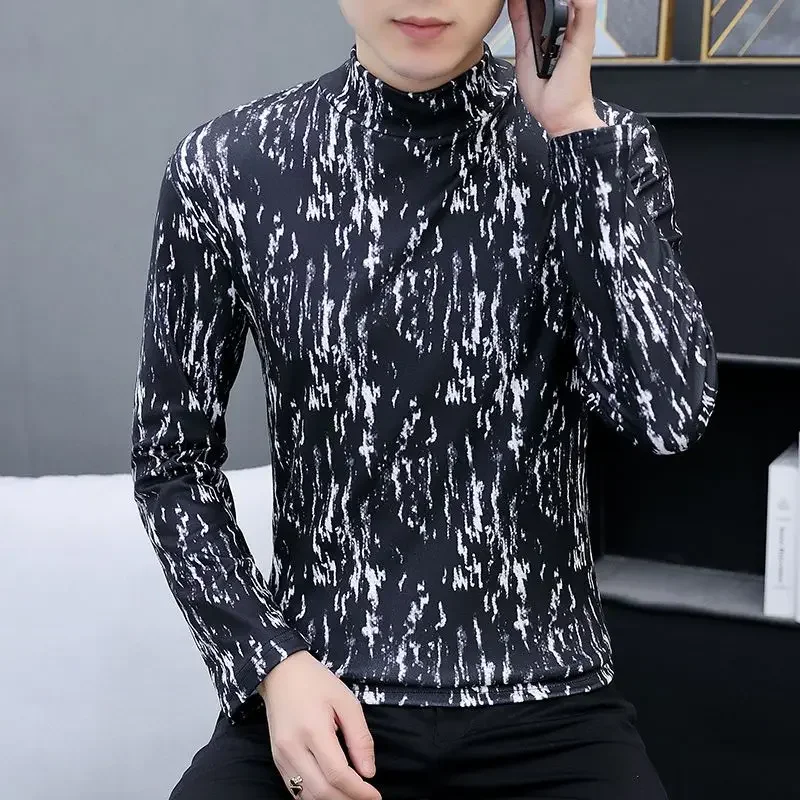 Tops White with Collar Male Clothes Collared T Shirts for Men Slim Fit Tight Printed Quality Neck Graphic Half Turtleneck Winter