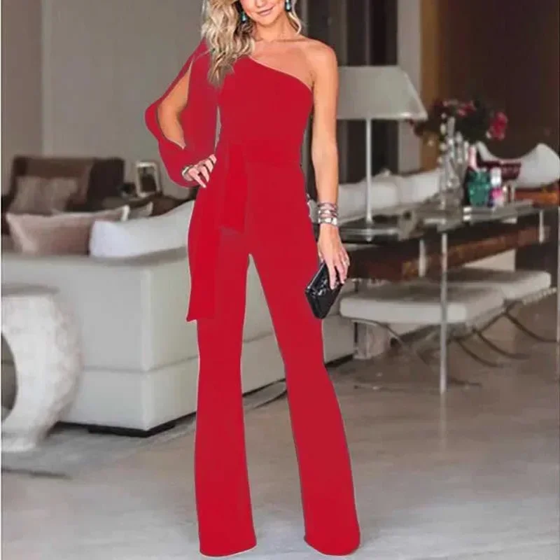 New women\'s single shoulder high waistband solid color slim fit sexy jumpsuit fashionable and versatile