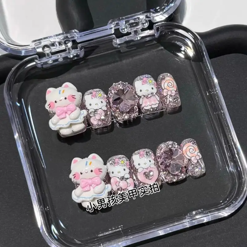 Kawaii Diy Sanrios Hello Kitty Kuromi Anime Handmade Press On Nails Short Tips Nails Design Manicure Girls Gift