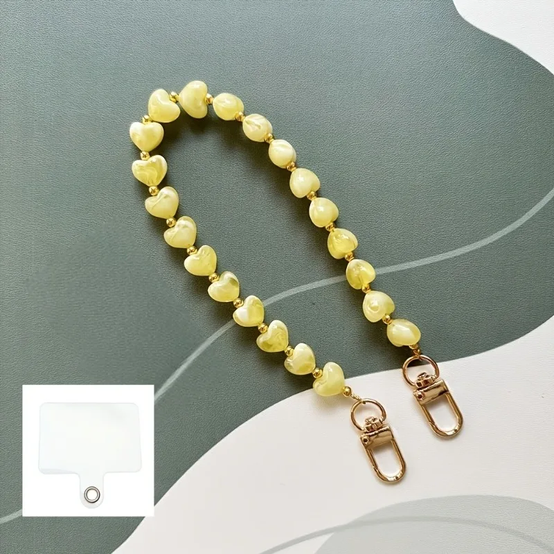 Modische Acryl-Handykette mit Herzanhänger, Perlen-Telefonband, Handy-Hängeschnur für Damen, Schmuck