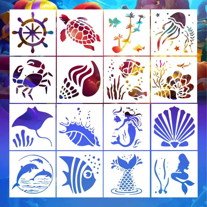 16pcs DIY Mermaid Ocean Turtle Dolphin Spray Painting Stencils Reusable Plastic Templates For Fabric Wood Paper-Craft Supplies - view 3