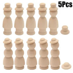 5pcs Unfinished Wooden Peg Doll and Hat Decorative Wooden Nail Dolls People Arts Crafts for DIY Painting Natural Wood Peg People