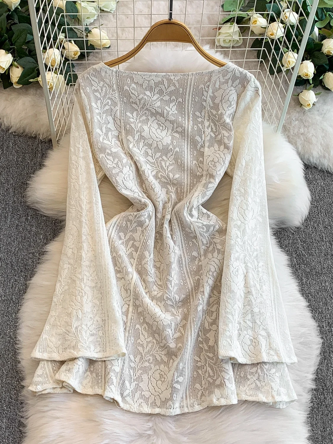 Ele Lace Splice Slim Fit Dr mit Glocke Sves Low Cut rund Ne Hollow Out Design für Frauen Autumn Faion ort Dr