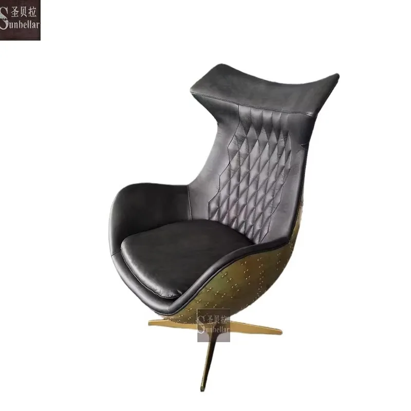 [2026]Aviation Furniture Industrial Executive Luxury Chair Black Genuine Leather Revolving Stainless Steel Back Home Office