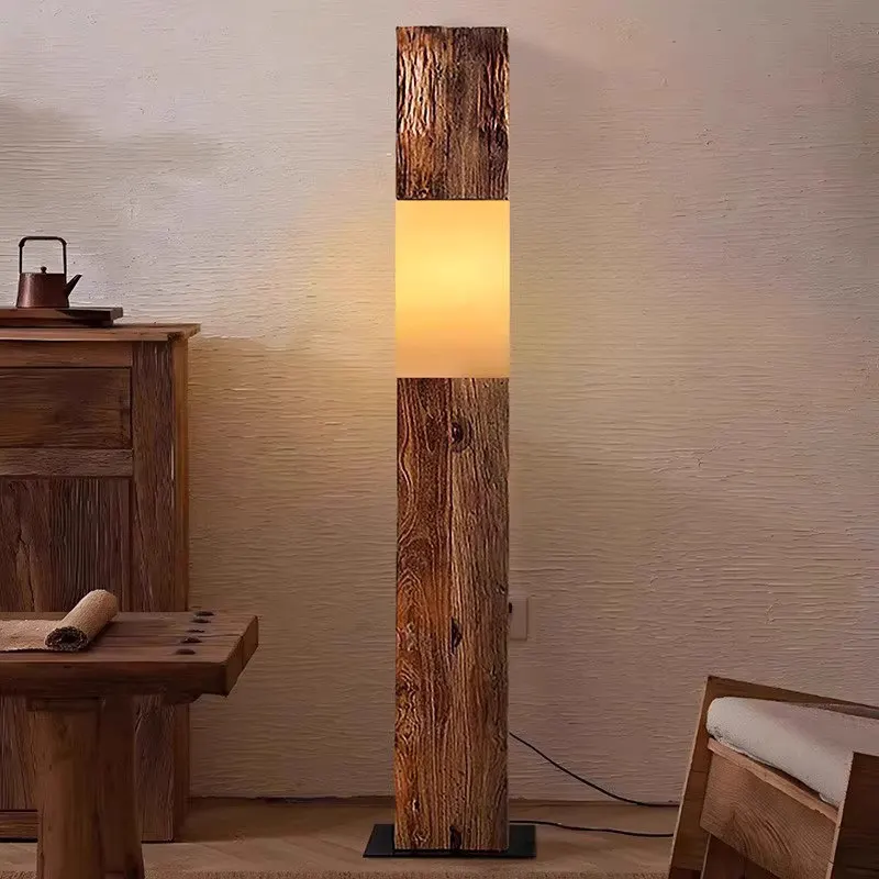Log floor lamp wabi wind living room sofa side high-end light luxury vertical lamp