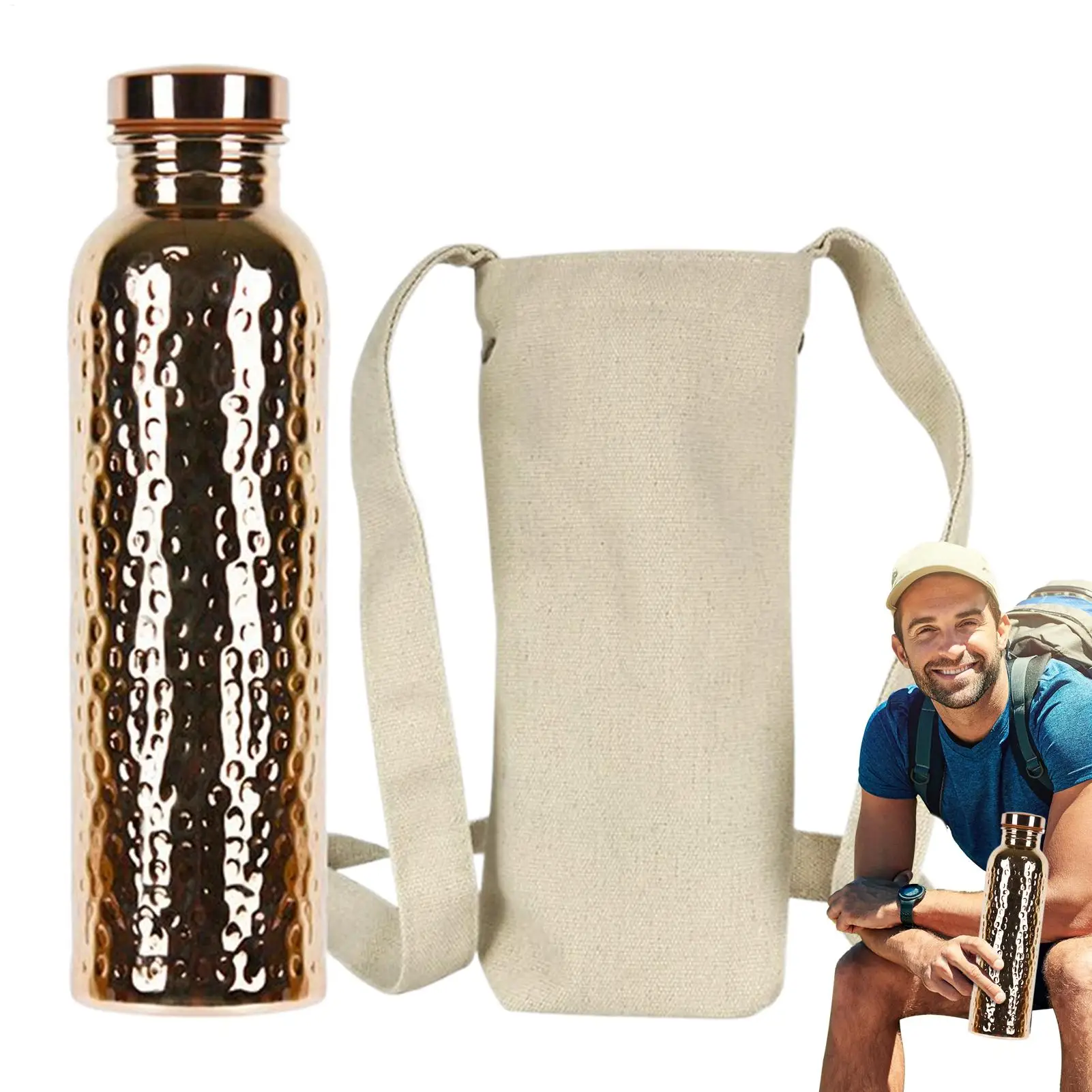 Electroplated Copper Water Bottle​ ​One-Click Open Lid​ Stainless Steel ​Hammer Pattern Cup​ Sports Water Bottle