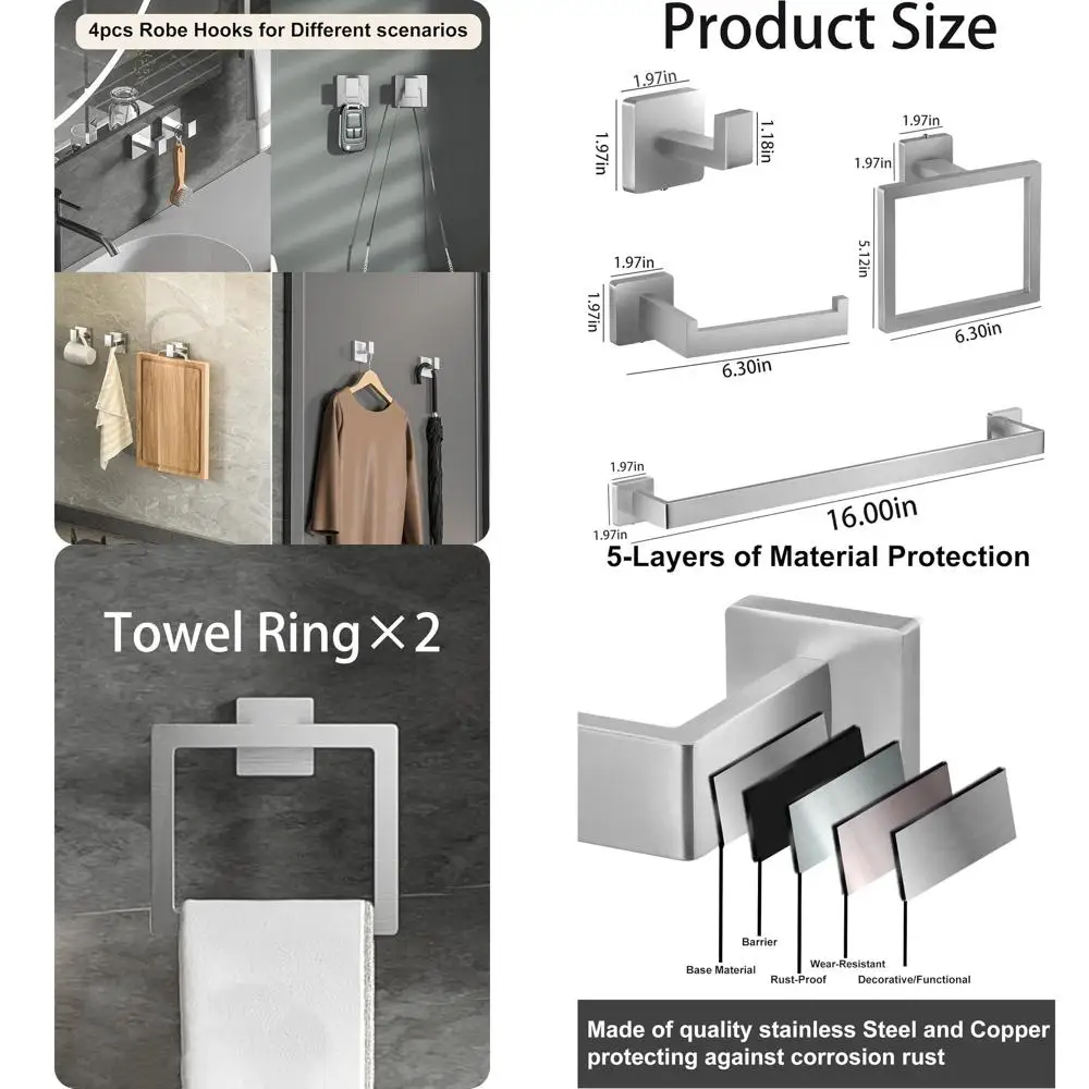 

10-Piece Brushed Nickel Bathroom Hardware Set with 16 Towel Bar, Ring, Holder, and Hooks