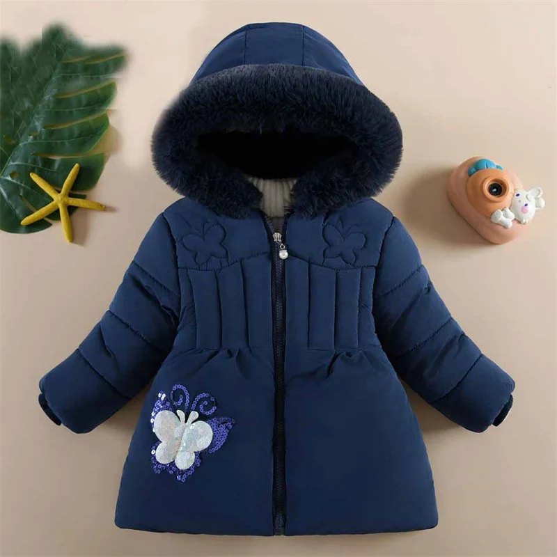 Winter Plus Velvet Parkas Baby Girls Outerwear Kids PlushThick Snowsuit Sequin Cartoon Butterfly Stickers Warm Hooded Coat