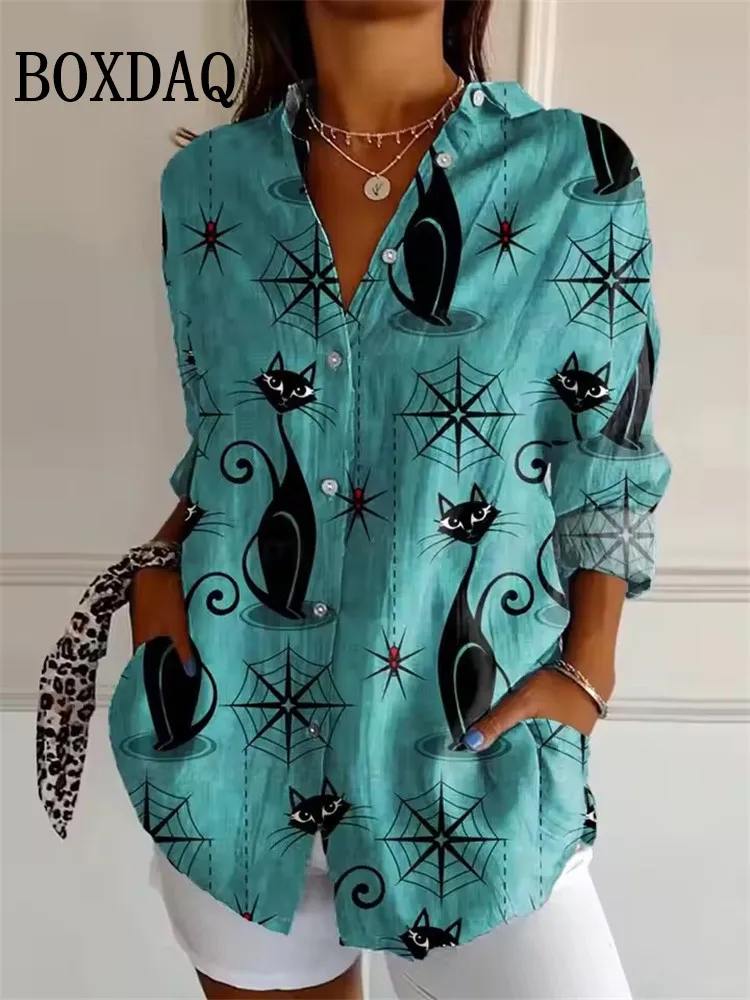 Women's Halloween 3D Witch Bat Print Blouse 2025 Autumn Fashion Long Sleeve Tops Trendy Loose Casual Lapel Party Shirts