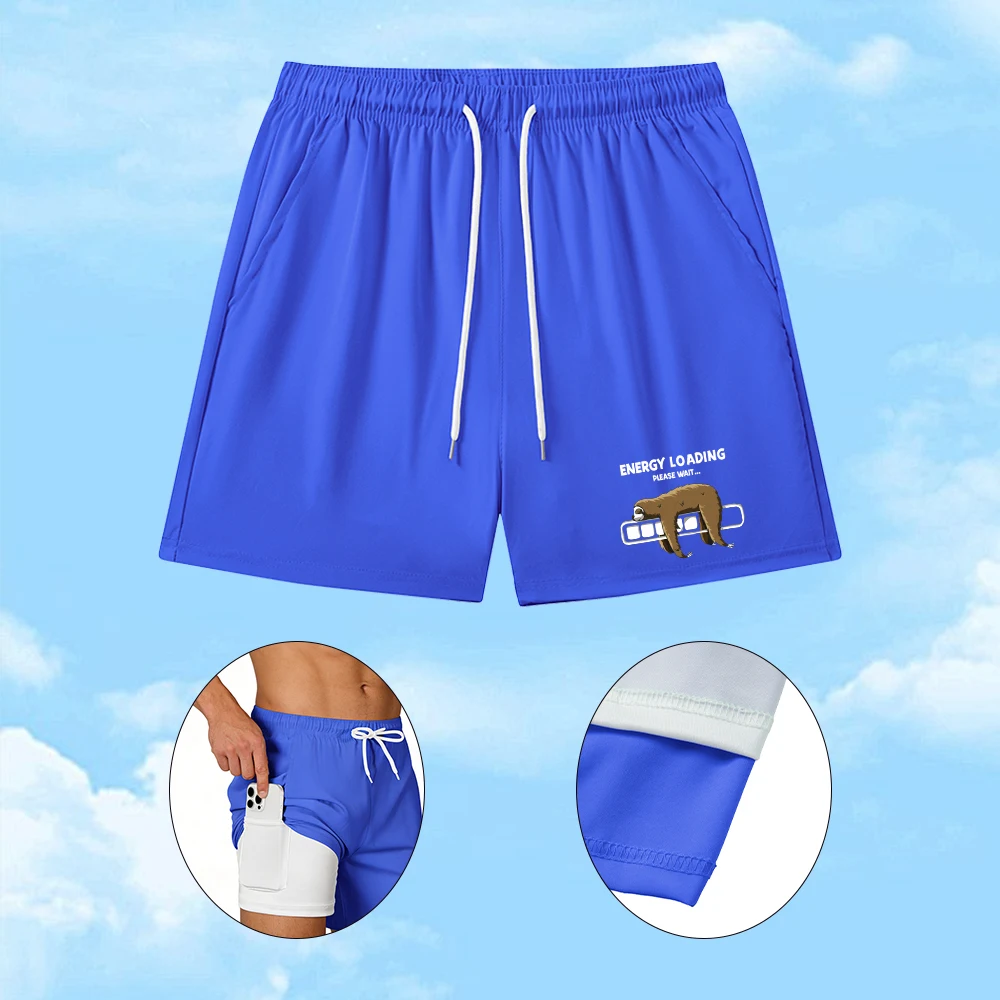 

Мужские двухслойные спортивные шорты с принтом ленивца, весенне-летние, для фитнеса, бега, повседневные, с внутренним карманом для телефона