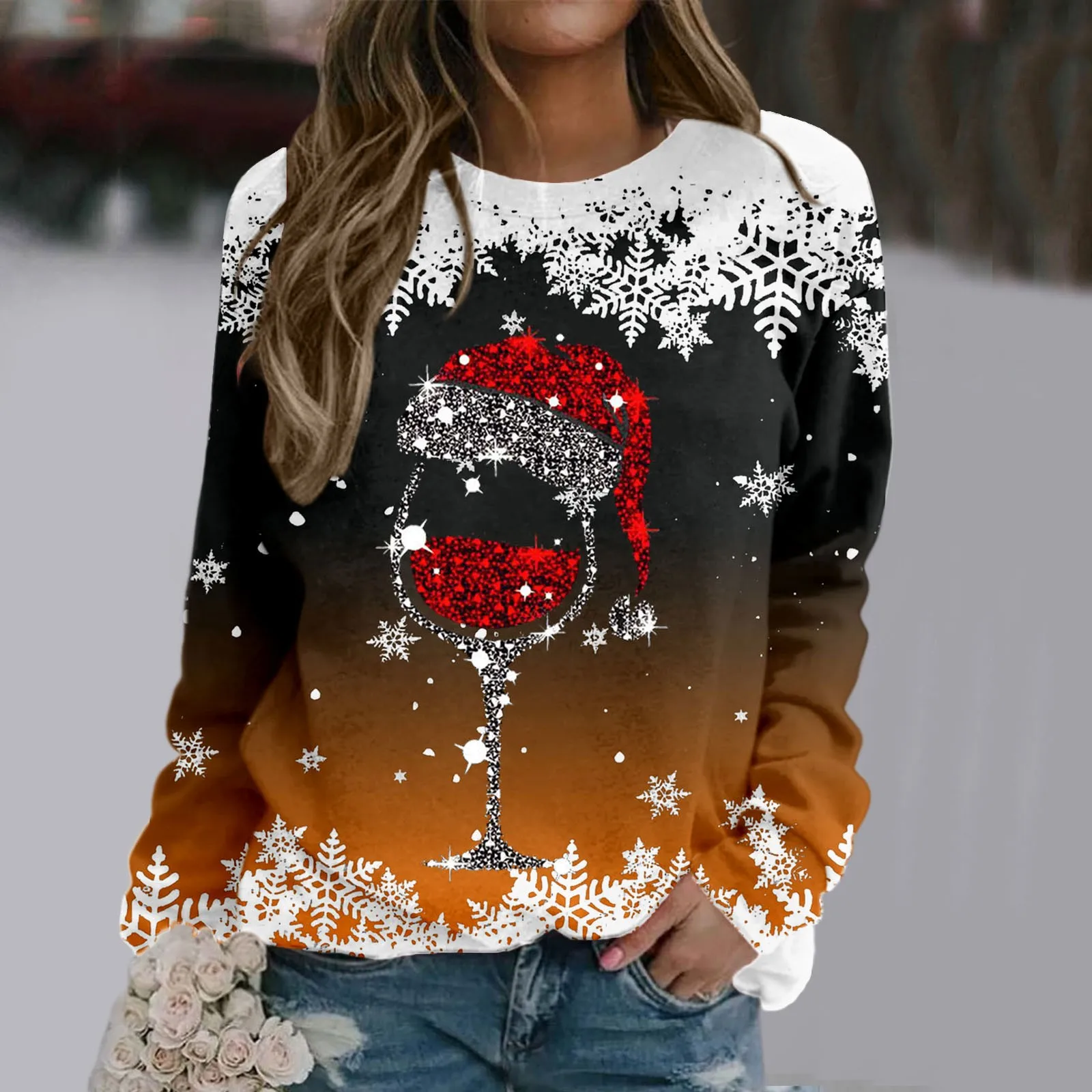 Sweat-shirt imprimé joyeux Noël flocon de neige en verre pour femme, coupe adt, manches longues, col rond, pull sans capuche, PVD décontracté