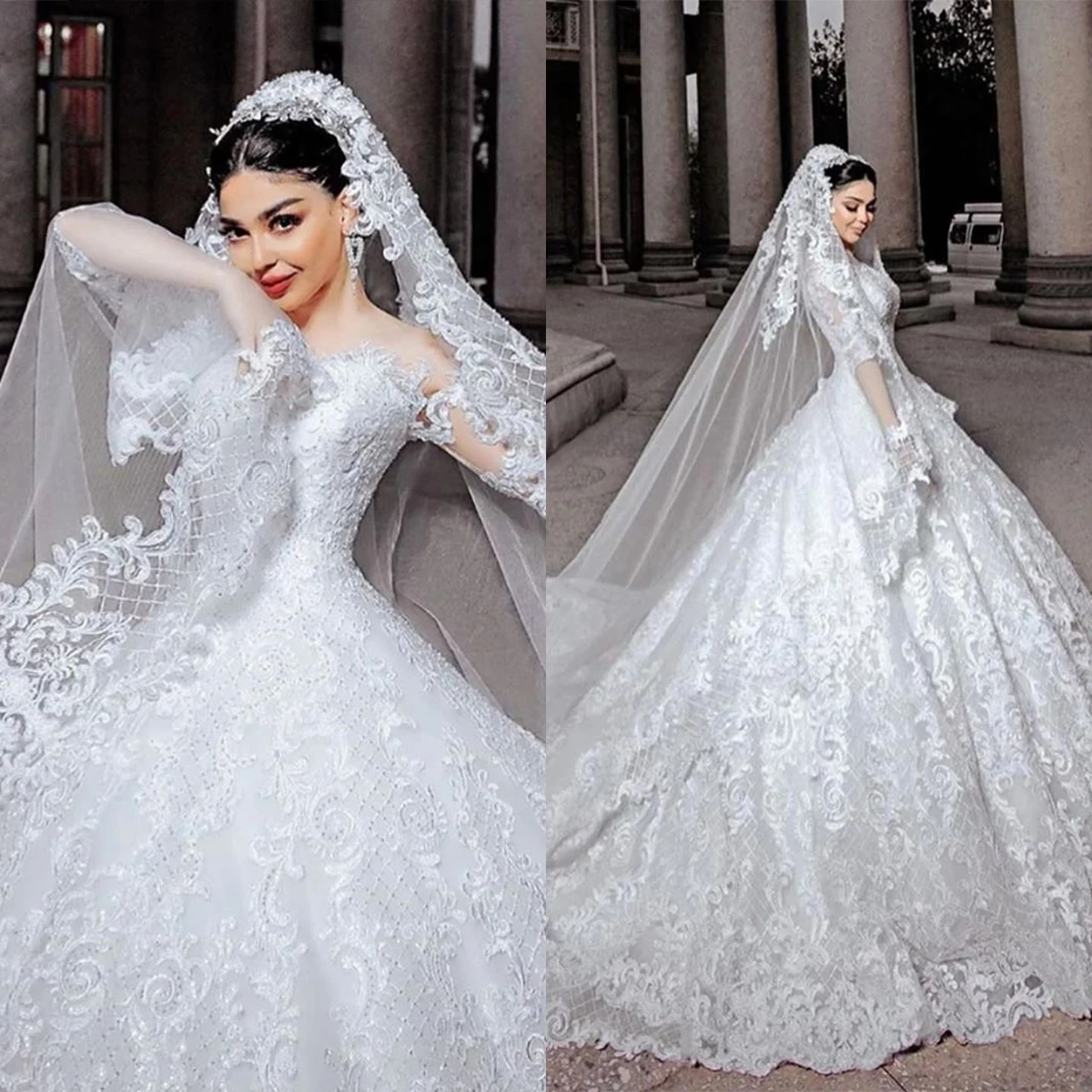 

Glamorous Ball Gown Wedding Dresses Lace Applique Off Shoulder Long Sleeve Bridal Gown Sweep Train Vestidos De Novia Custom Size