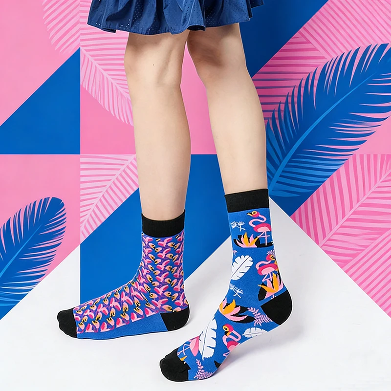1 Pair Asymmetric Flamingo Print Mid-Calf Socks - Color-Block Fun Animal Pattern Cotton Socks for Trendy Outfits