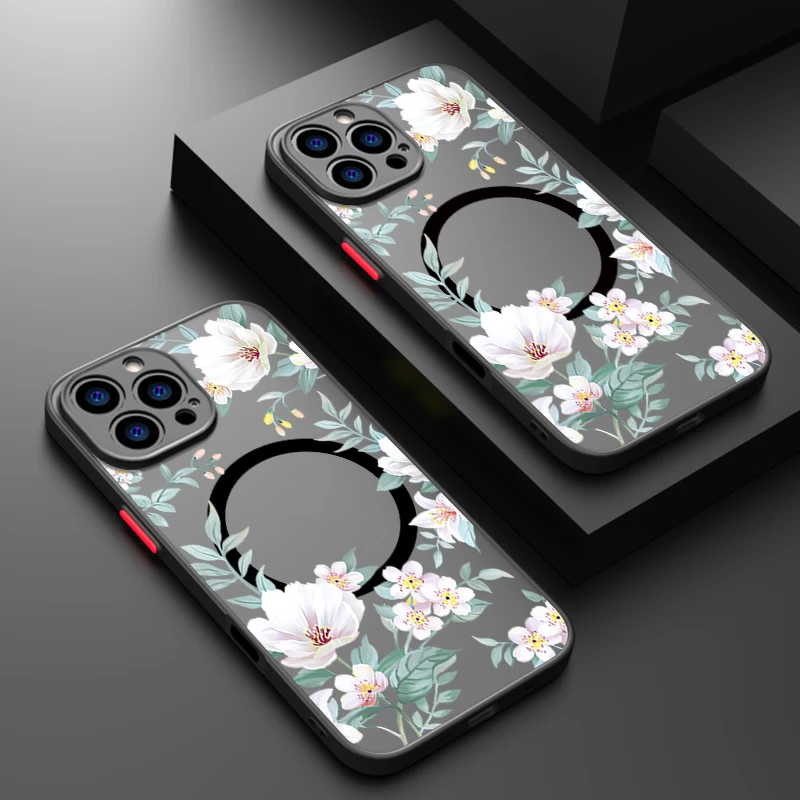 

Магнитный чехол для телефона Magsafe с беспроводной зарядкой для iPhone 16, 15, 14, 13, 12, Pro Max 15, 16 Plus, 11 цветочных узоров, матовая задняя крышка
