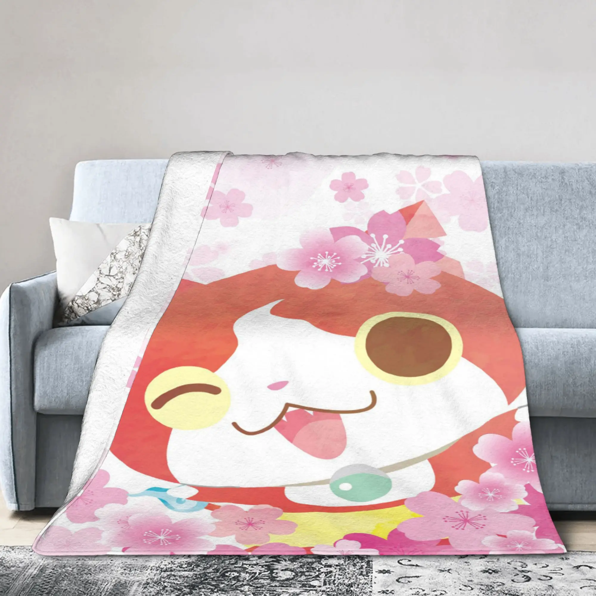 Yokai Watch Game Knitted Blanket Fleece Jibanyan Foral Ultra-Soft Throw Blanket for Airplane Travel Bed Rug