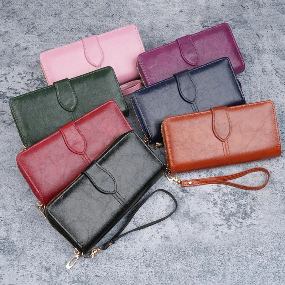 Retro Long Women Wallet Large Capacity Double Layer Ladies Clutch Bag Oil Wax with Lanyard Leather Wallets Travel
