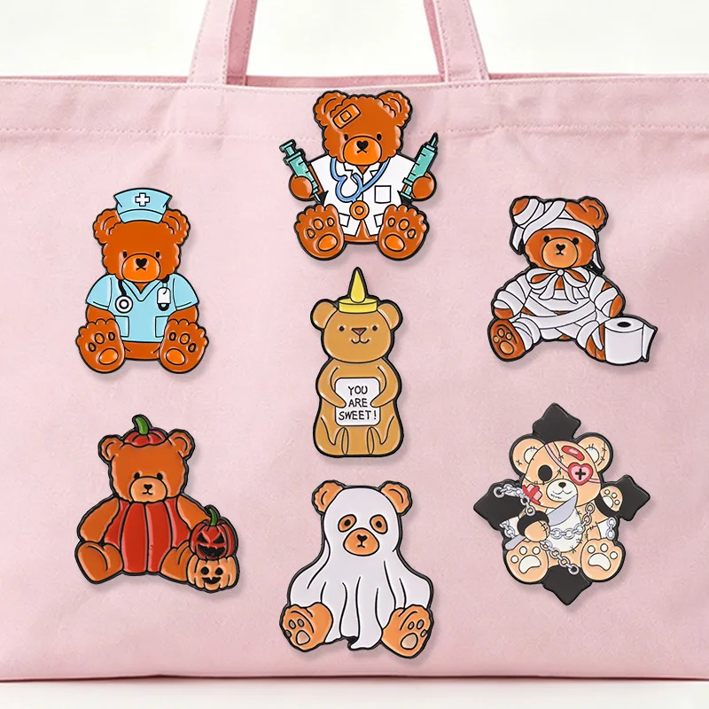Gothic Dark Halloween Bear Enamel Badges Set Medical Mummy Ghost Pumpkin Stitched Teddy Brooches Lapel Backpack Jewelry Gifts