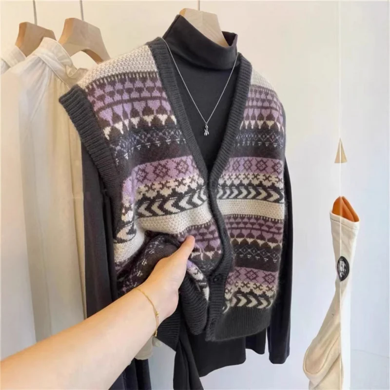 

Вязаный кардиган с цветными блоками, женский жилет, новый осенне-зимний многослойный свитер, жилет, тренд пальто