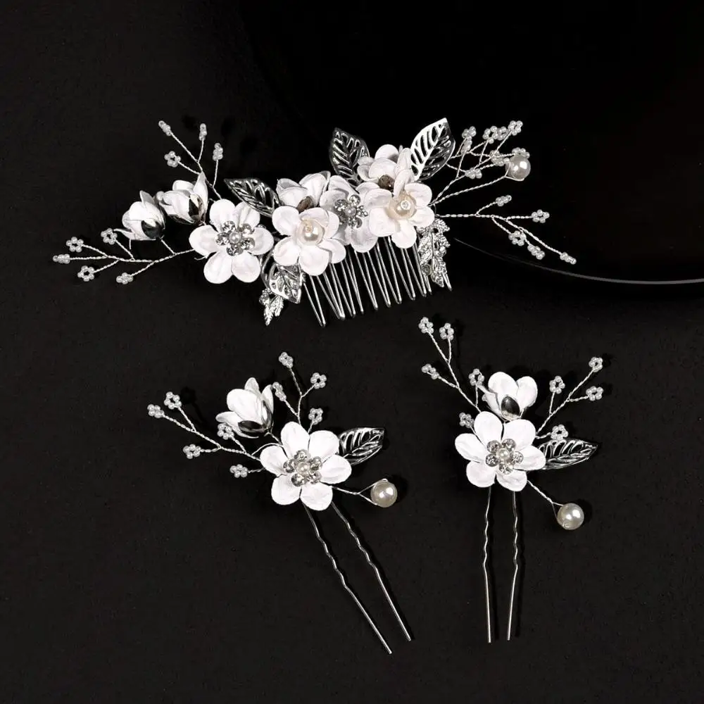 Romantic Leaves Tiara Bride Hair Jewelry Crystal Crown Hair Combs Bridal Clips Blue White Flower Hair Pin