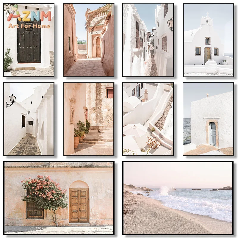 AZNM Neutral Mediterranean Coastal Canvas Print White Building Village Street Beach Ocean Vintage Architecture Boho Unframed Wal