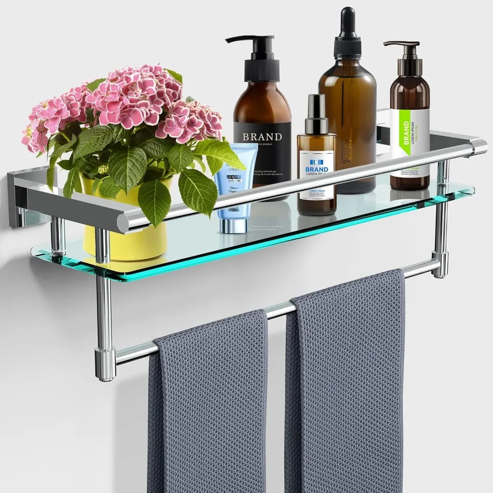 

Bathroom Glass Shelf with Towel Rack Organizer Wall-Mounted Bathroom Storage SUS304 Stainless Steel Towel Bar/Track Wall-Mounted