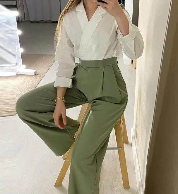 Elegant Two Piece Set Women Outfit 2023 Fashion Casual Office Suit Collar Long Sleeve Shirt & Straight Leg High Waist Pants Set